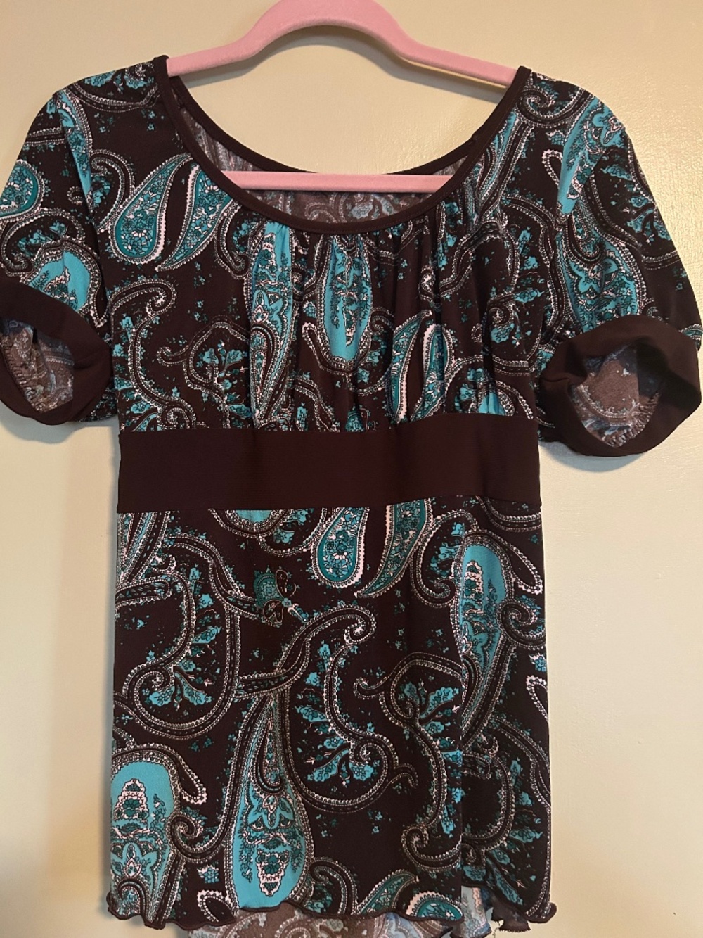 Brown and teal paisley babydoll top